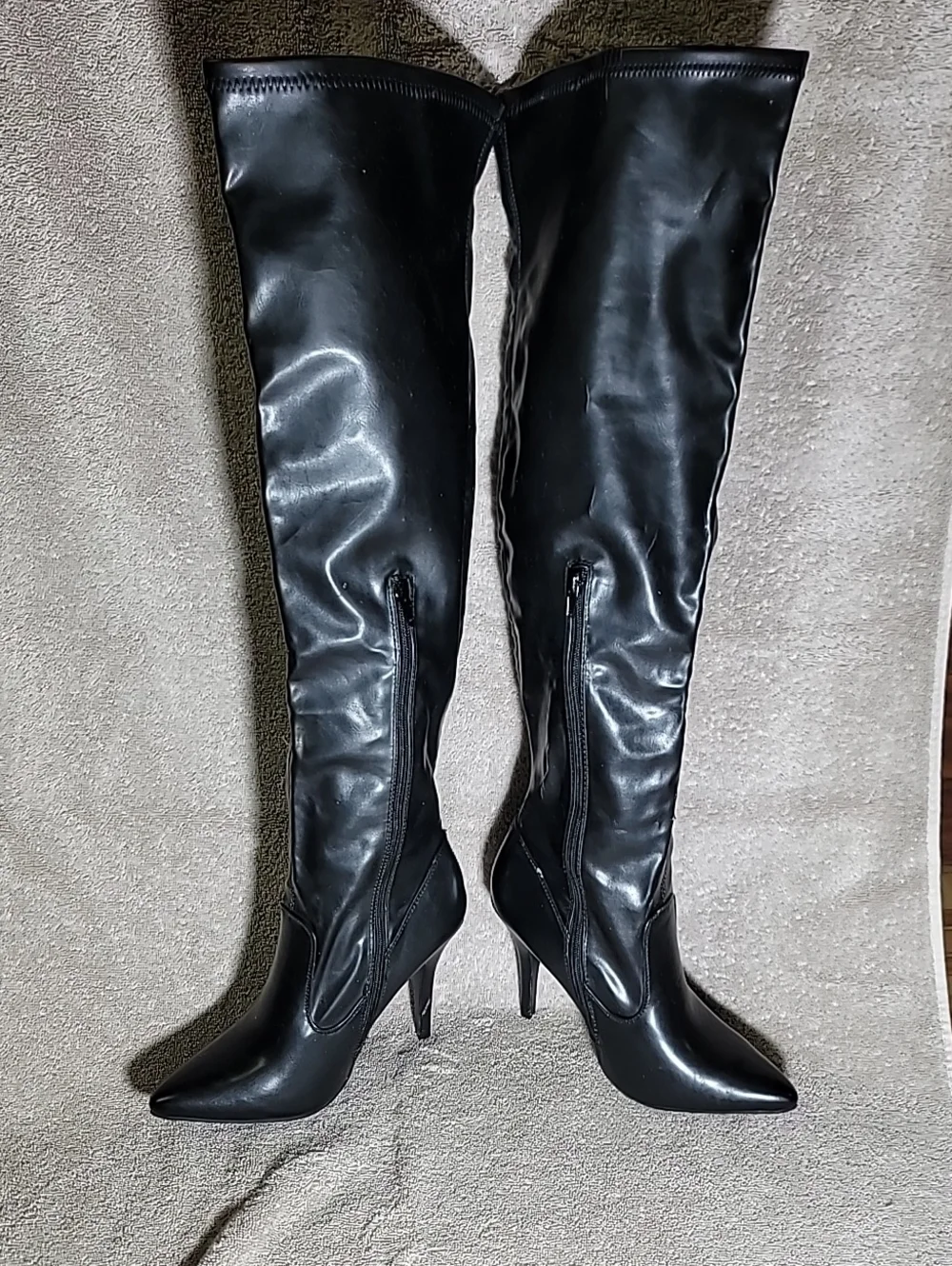 Chinese Laundry thigh high boots, stiletto heels, pointy toes, size 8.5